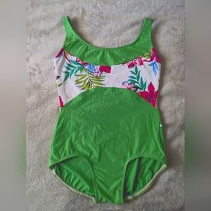 Luckyleo Tropical Print Green Leotard with Mesh Detail Adult Large